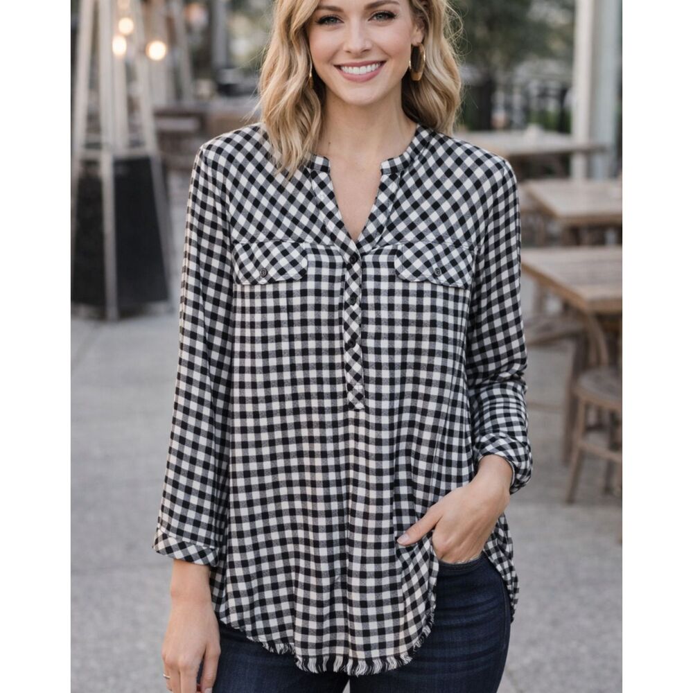 HESTER & ORCHARD Gingham Rayon Blouse Fringe Hem Black White Large Women's Tunic
